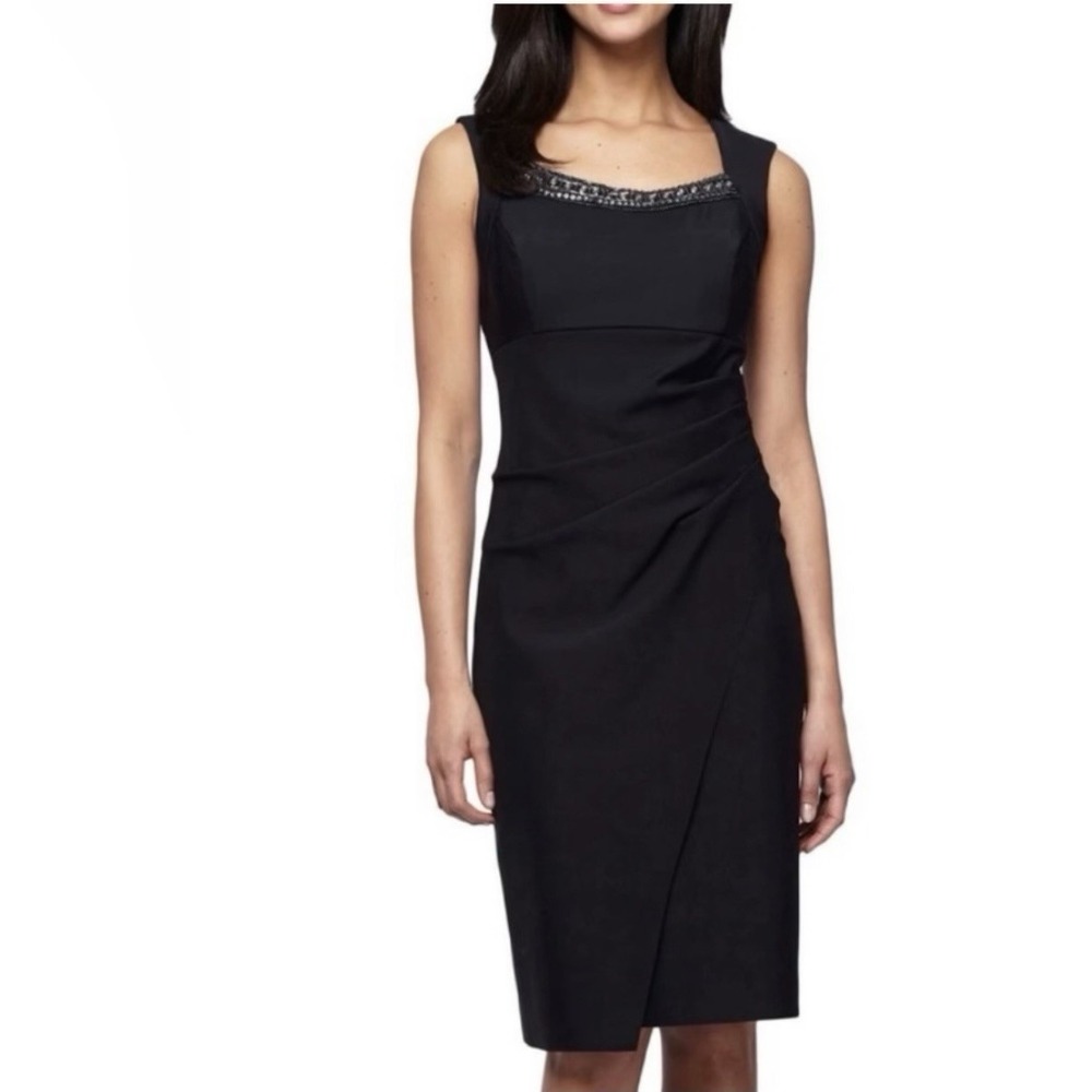Alex Evenings Black Rhinestone Scuba Stretch Sheath Cocktail Dress‎ 14 PETITE